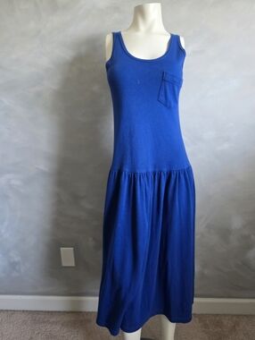 Vtg Cobalt Blue Sleeveless Drop Waist Cotton Blend Button Down Back Maxi Dress M